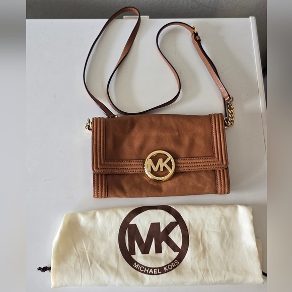 Michael Kors Fulton Brown Leather Crossbody Bag Leather Gold Chain Strap Dustbag - Picture 9 of 16